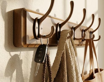 Solid Wood Wall Rack, Modern Flip-Down Magnetic Hooks, Entryway Organizer