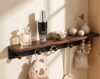 Solid Wood Wall Shelf with Hooks  Nail-Free Installation, Minimalist Storage Rack