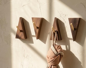Solid Walnut Wood Wall Hooks, Gold Hanger, Modern Japandi Entryway Decor