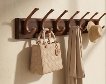 Wood Coat Rack, No-Drill Walnut Entryway Hooks, Light Luxury Style