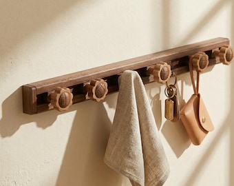 Handcrafted Japandi Sunflower Wood Wall Rack Adjustable Sliding Coat & Key Hook