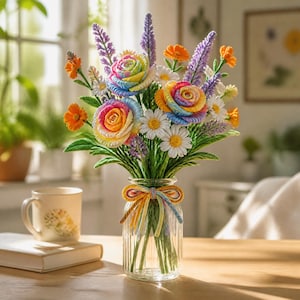 May include: A bouquet of crocheted flowers in a clear, ribbed glass vase. The arrangement features multi-colored roses in shades of pink, yellow, and blue, white daisies with yellow centers, orange blossoms, and tall purple spikes, tied with a bow.