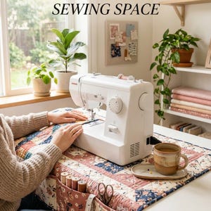 Puede incluir: Una máquina de coser blanca sobre una mesa con un edredón de retazos colorido. La imagen incluye el texto "CREATE YOUR DREAM SEWING SPACE". Una taza de café está sobre un plato pequeño. Bobinas de hilo y tijeras están en un bolsillo.