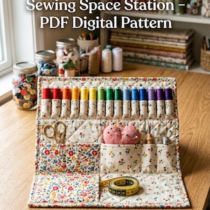 May include: A floral fabric sewing organiser with spools of colourful thread, scissors, a pink pincushion, and a measuring tape. The text "Sewing Space Station - PDF Digital Pattern" is at the top. Jars of buttons and sewing supplies are in the background.