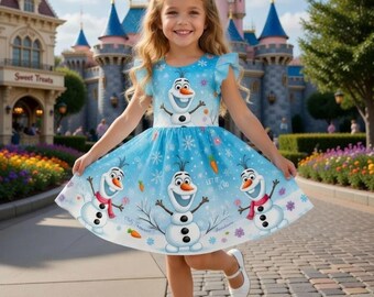 Olaf Frozen Toddler Dress, Snowman Cartoon Girls Outfit, Winter Birthday Party Dress Custom Gift