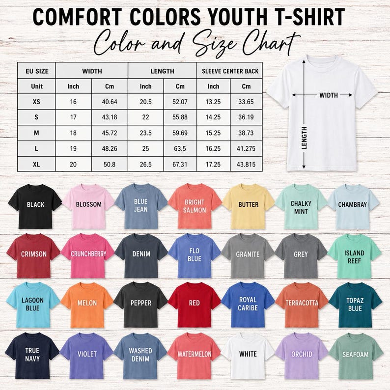 Puede incluir: Una tabla de colores y tallas de camisetas juveniles Comfort Colors con medidas en pulgadas y cent&iacute;metros, un diagrama de camiseta blanca y una cuadr&iacute;cula de veintiocho iconos de camisetas de colores con sus nombres.