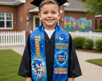 Custom Sonic Graduation Stole Blue Kindergarten Class of 2026 Personalized Name Gift