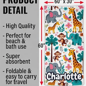 Pu&ograve; includere: Un telo mare bianco con una colorata stampa di animali della giungla, tra cui elefanti, giraffe, scimmie e uccelli. L'asciugamano misura 152 cm per 76 cm e presenta il nome "Charlotte".