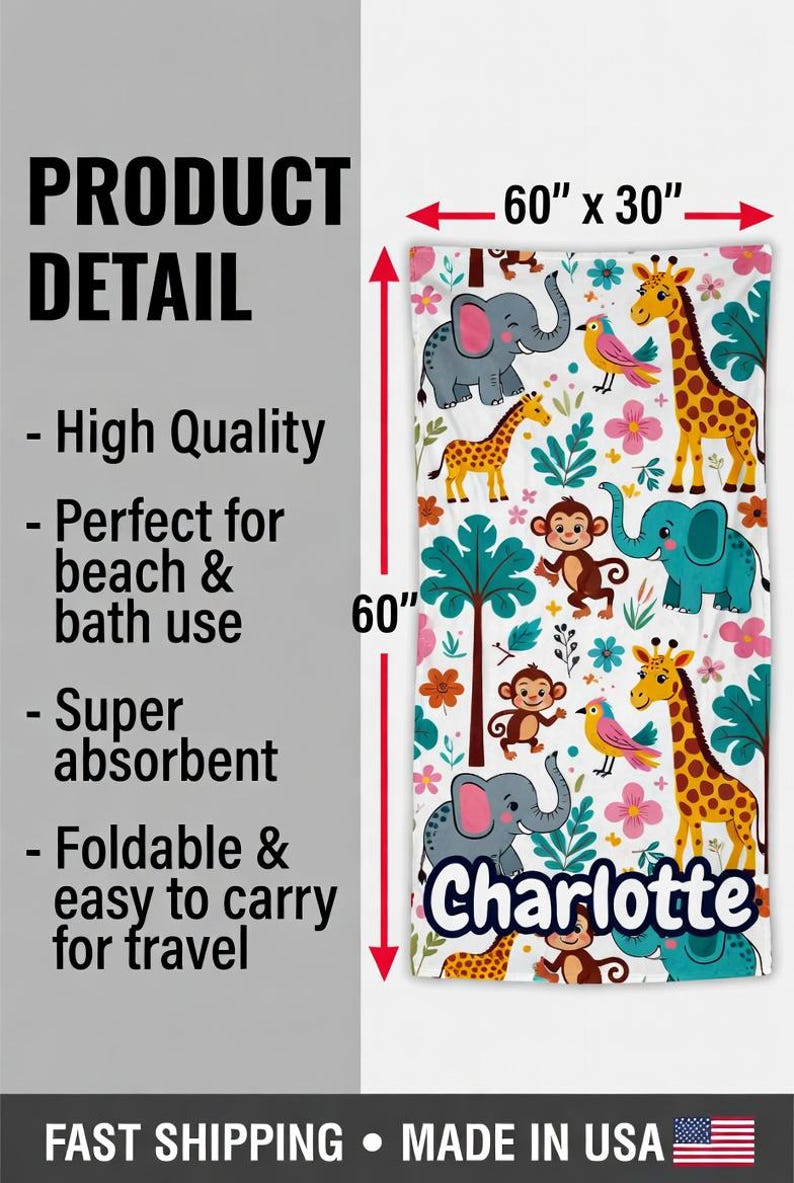 Pu&ograve; includere: Un telo mare bianco con una colorata stampa di animali della giungla, tra cui elefanti, giraffe, scimmie e uccelli. L'asciugamano misura 152 cm per 76 cm e presenta il nome "Charlotte".