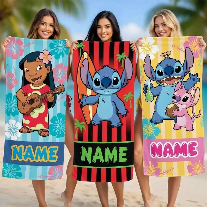 Personalized Stitch Beach Towel, Custom Lilo Angel Pool Towel, Kids Summer Gift image 1