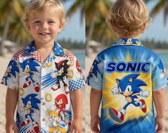Sonic The Hedgehog Hawaiian Shirt Kids Cartoon Gaming Beach Button Shirt
