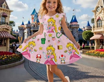 Princess Peach Toddler Dress, Girls Outfit, Cute Gamer Party Dress Custom Gift