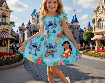 Stitch Toddler Dress, Lilo and Stitch Girls Outfit, Hawaiian Cartoon Party Dress Custom Gift