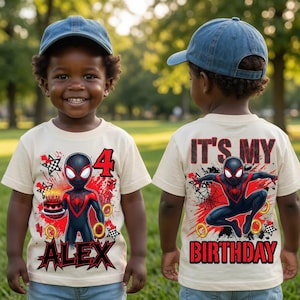 Peut inclure: Un t-shirt couleur cr&egrave;me avec un graphisme repr&eacute;sentant un super-h&eacute;ros noir et rouge, le chiffre 4, un g&acirc;teau d'anniversaire et le pr&eacute;nom Alex devant, avec le texte It's My Birthday et un super-h&eacute;ros bondissant au dos.