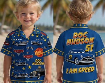 Doc Hudson Hawaiian Shirt Kids Cars Cartoon Racing Beach Button Shirt