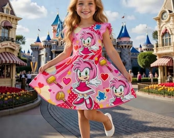 Amy Rose Toddler Dress, Sonic Cartoon Girls Outfit, Pink Gamer Party Dress Custom Gift
