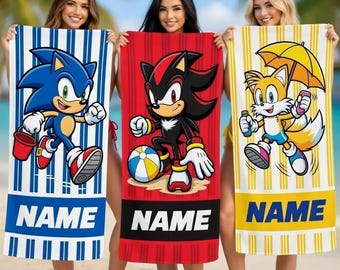 Toalla de playa personalizada de Sonic, toalla de piscina personalizada de Shadow Tails, regalo de verano para niños