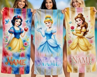 Serviette de plage princesse personnalisée, cadeau personnalisé Blanche Neige Belle Cendrillon