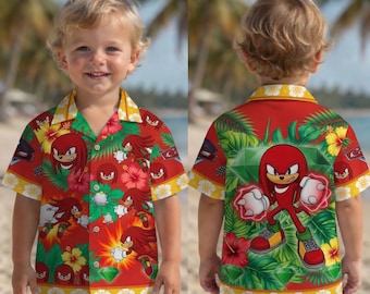 Knuckles Hawaiian Shirt Kids Sonic Cartoon Gaming Tropical Beach Button Shirt