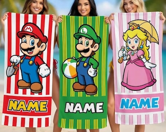 Telo mare personalizzato con personaggi dei cartoni animati, telo piscina personalizzato Luigi Peach, regalo estivo per bambini