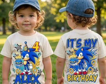 Camiseta de cumpleaños de Sonic personalizada, camiseta de cumpleaños con nombre personalizado, camiseta de fiesta de cumpleaños de Sonic para niños