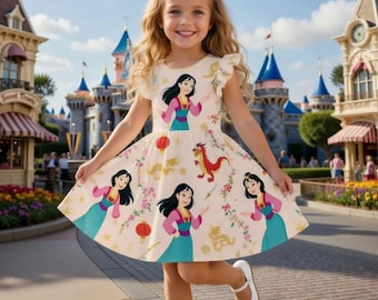 Vestido infantil da Princesa Mulan, inspirado na Disney, perfeito para meninas. Ideal para festas e aniversários. Presente personalizado.
