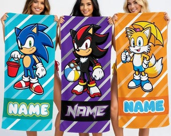 Gepersonaliseerde Sonic strandlaken, aangepaste Shadow Tails zwembadhanddoek, kinderzomercadeau