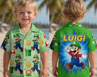 Luigi Hawaiian Shirt Kids Cartoon Gaming Beach Button Shirt