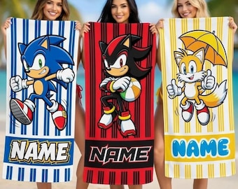 Personalized Sonic Beach Towel, Custom Shadow Tails Pool Towel, Kids Summer Gift