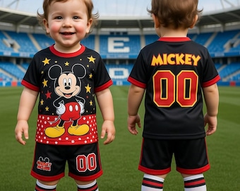 Camisa de futebol infantil do Mickey Mouse, uniforme de futebol personalizado com desenho animado.