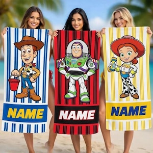 Anpassad Toy Story strandhandduk, personlig barnpoolhandduk, Woody Buzz Jessie-present bild 1