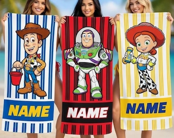 Custom Toy Story Beach Towel, Personalized Kids Pool Towel, Woody Buzz Jessie Gift