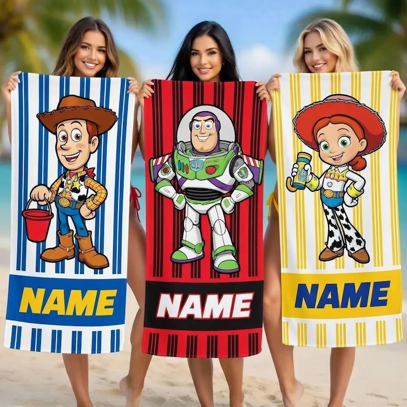 Anpassad Toy Story strandhandduk, personlig barnpoolhandduk, Woody Buzz Jessie-present bild 1