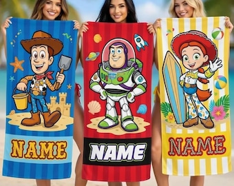 Personalized Toy Story Beach Towel, Custom Woody Buzz Jessie Summer Gift