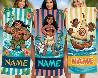 Telo mare personalizzato di Moana, regalo estivo personalizzato per bambini a tema oceano e Maui con Moana.