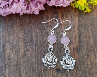 Pink Chalcedony and silver rose earrings, flower  jewelry for women, free shipping, gifts for her