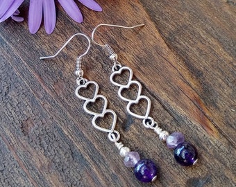 Amethyst and silver heart earrings