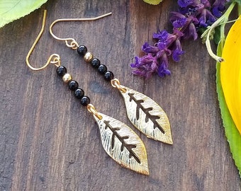 Black Tourmaline and gold leaf charm earrings,  jewelry for women, free shipping, gifts for her