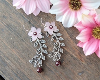 Red Garnet and silver earrings, pink lucite flowers, January birthstone,  jewelry for women, free shipping, gifts for her
