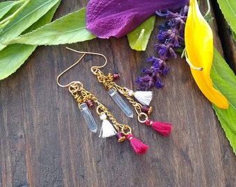 Red Garnet and clear Quartz earrings, gold tassel earrings, January birthstone,  jewelry for women, free shipping, gifts for her