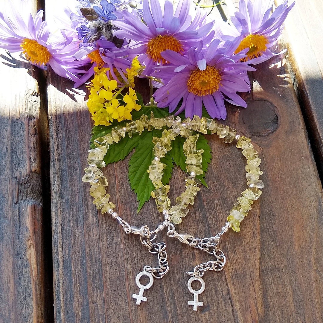 Lemon Quartz and Silver Venus Charm Bracelet, Gemstone Chips, Feminist