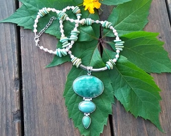 Amazonite and silver statement necklace, jewelry for women, free shipping, gifts for her, Pink Opal