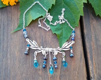 Blue bead and silver tree branch necklace with pearls, June birthstone, jewelry for women, free shipping, gifts for her