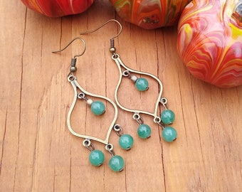 Green Aventurine and brass chandelier earrings, jewelry for women, free shipping, gifts for her