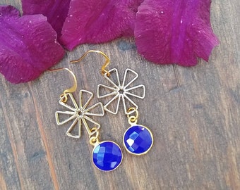 Blue Chalcedony and gold flower earrings, jewelry for women, free shipping, gifts for her