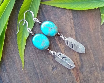 Turquoise dyed Magnesite and silver feather earrings, jewelry for women, free shipping, gifts for her