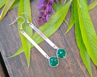 Green Onyx and silver bar earrings, jewelry for women, free shipping, gifts for her