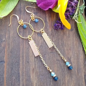 Blue Kyanite and gold BELIEVE dangle earrings,  jewelry for women, free shipping, gifts for her
