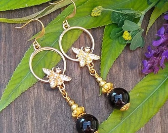 Black Onyx and gold bee earrings,  jewelry for women, free shipping, gifts for her