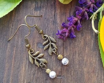 White Howlite and brass leaf earrings, jewelry for women, free shipping, gifts for her